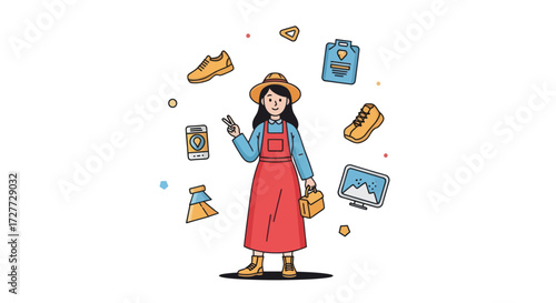 Young woman traveler with various travel essentials illustration.