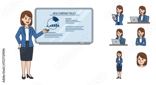 Businesswoman presenting company data on whiteboard wearing a blue blazer and skirt.