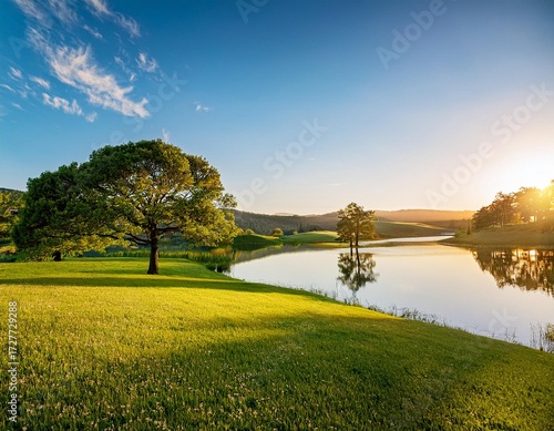 Beautiful view of meadow and amazing trees in a beautiful place, sunset, lake with blue sky in the background; tranquil scene; sunny day; countryside 