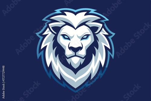 The white lion mascot head gazes forward with icy blue eyes on dark background