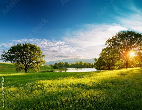 Beautiful view of meadow and amazing trees in a beautiful place, sunset, lake with blue sky; natural landscape; soft focus photo 