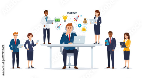 Startup business team concept with a diverse group of professional colleagues collaborating on a new project.