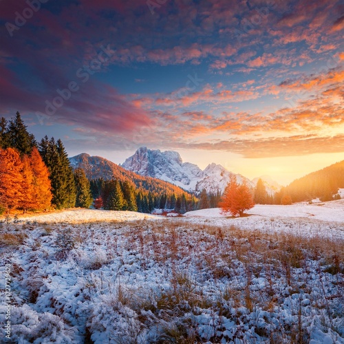 Evening landscape with beautiful natural winter snow, gorgeous and wild in autumn colors 