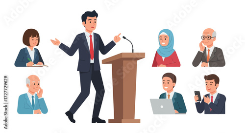 Animated Businessman Giving Speech at Podium with Audience.