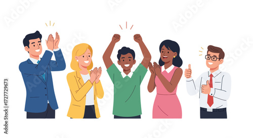 Diverse group of people celebrating and applauding with joy and excitement.