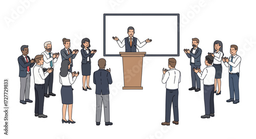 Speaker at Podium Addressing Audience with Whiteboard Presentation.