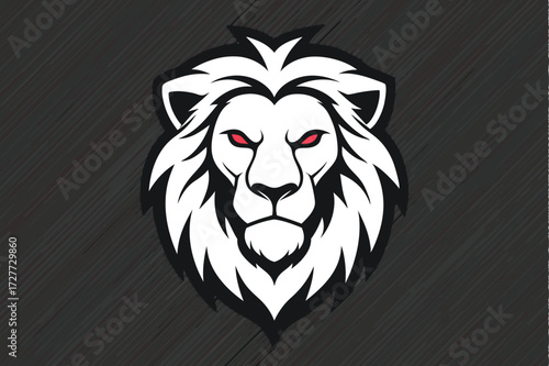Bold lion head shows white mane and intense red eyes against dark background