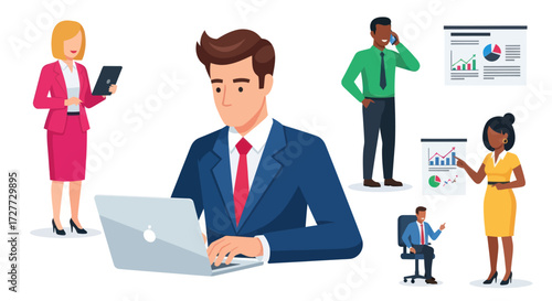 Diverse Business Professionals Working with Data and Technology Illustrations.