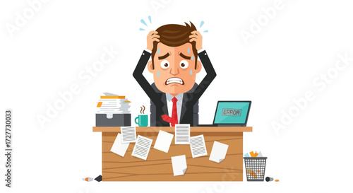 Stressed Cartoon Businessman Overwhelmed by Work at Messy Office Desk.