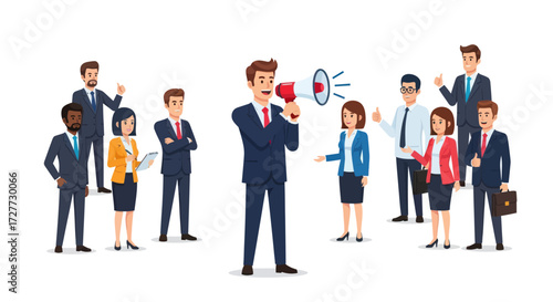 Businessman Addressing a Diverse Team with a Megaphone.
