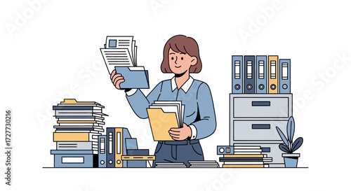 Woman organizing and managing paperwork holding files and documents in an office setting.