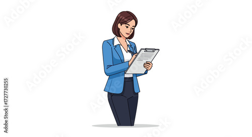 Businesswoman in Blue Suit Holding Clipboard Thinking and Planning.