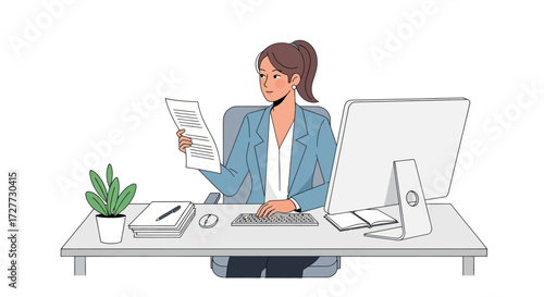 Businesswoman reviewing documents at her desk.