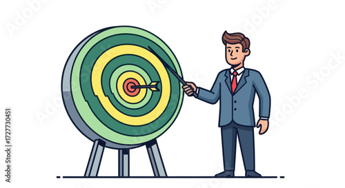 Businessman aiming at a bullseye on a target board.