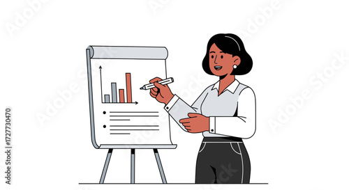 Businesswoman presenting data on a flip chart with marker wearing a white shirt and dark pants.