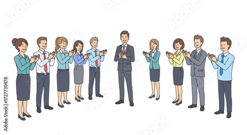 Diverse group of business professionals applauding a central figure.