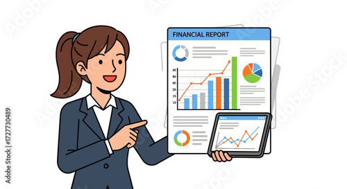 Businesswoman Presenting Financial Report and Tablet Data.