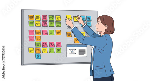 Woman Organizing Colorful Sticky Notes on Whiteboard for Project Planning.