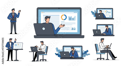 Diverse Businessmen in Online Presentation Set.