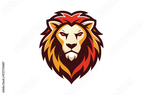 Fierce lion portrait displays a fiery red mane and intense red eyes