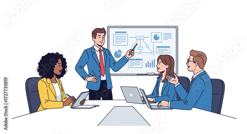 Diverse Business Team Meeting with Presentation and Charts.