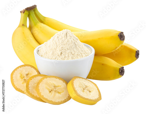 Banana powder isolated on white background in a wooden bowl.