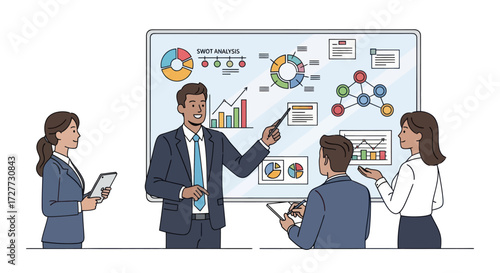 Business Presentation: Man Explaining Charts to Colleagues.