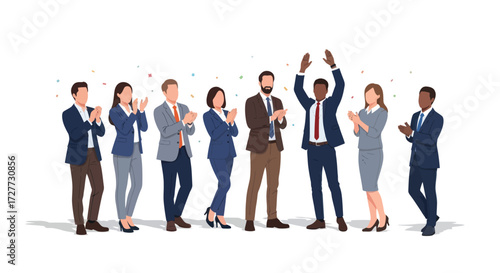 Diverse group of business professionals celebrating success with applause and confetti.