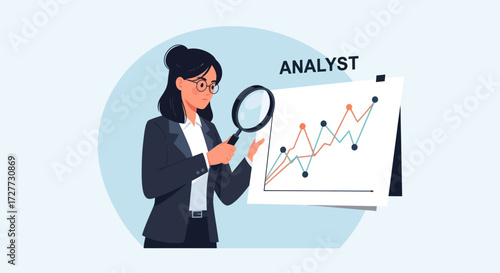 Female Analyst Examining Business Chart with Magnifying Glass.