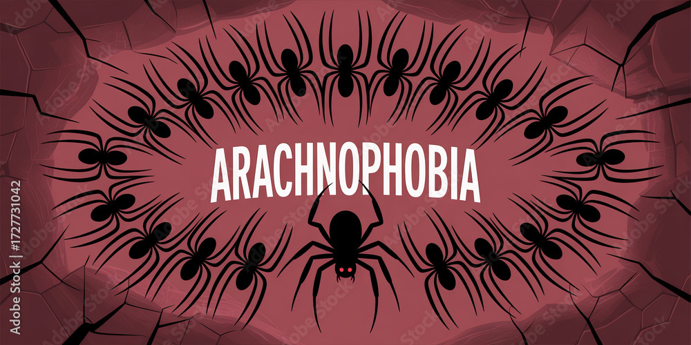 Obraz premium Arachnophobia: A chilling artistic illustration of a single spider amidst the word Arachnophobia is designed to evoke unease and discomfort. 