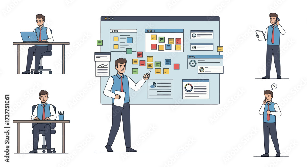Fototapeta premium Man Presenting Project Plan on a Digital Board with Various Poses.