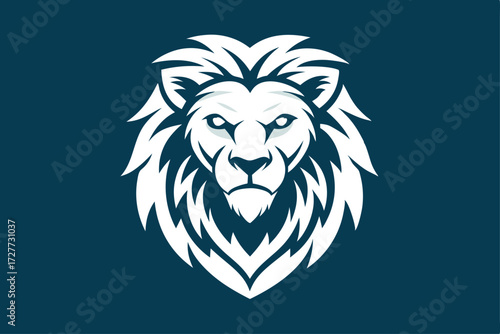 Bold white lion head stares powerfully against a dark teal background with confidence