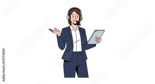 Smiling professional woman in headset holding tablet gesturing providing customer support.