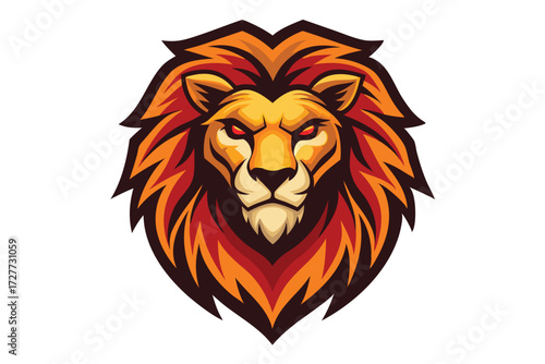 Fierce lion head glares forward with fiery orange mane and piercing red eyes