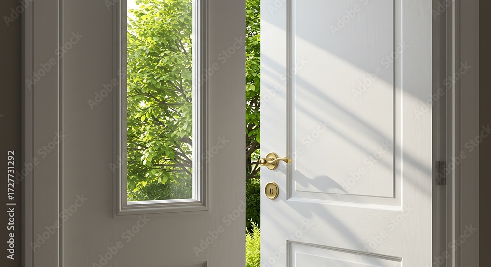 Fototapeta premium The light shines on the white door. When look outside, there is a green tree. Look so refresh.