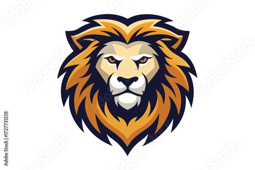 Powerful lion head features golden mane and piercing orange eyes on a white backdrop