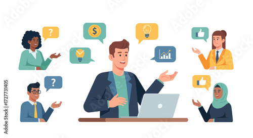 Diverse group of people communicating with speech bubbles and icons.