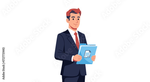 Confident Businessman in Suit Holding a Folder with Documents.