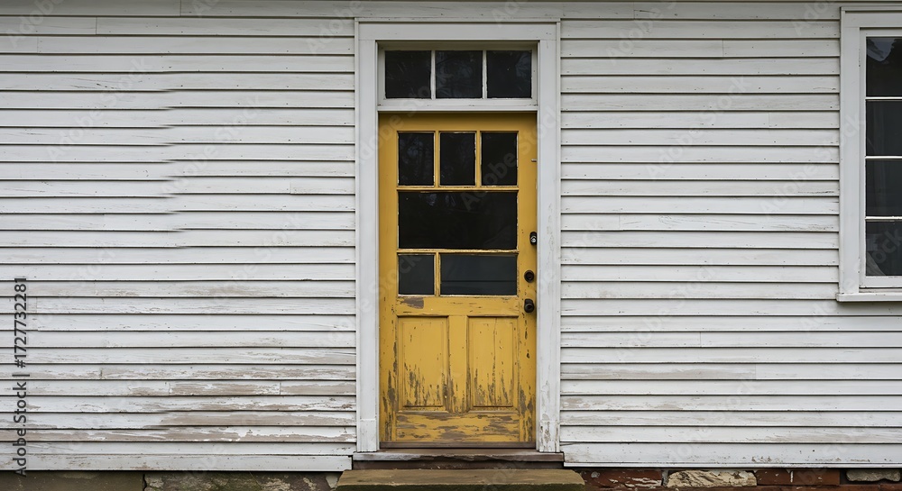 Fototapeta premium Yellow wooden entrance door with partial rectangular glazing in a old white clapboard house