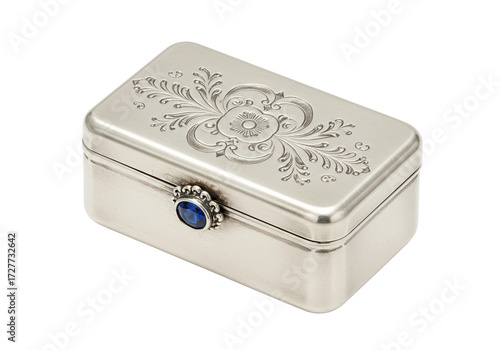 Bild auf Leinwand Silver trinket box with blue gemstone isolated, vintage jewelry container for ke