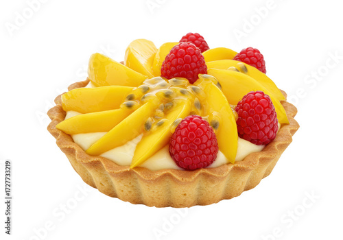 Delicious fruit tart with mango, passion fruit, and raspberries isolated, gourmet dessert pastry