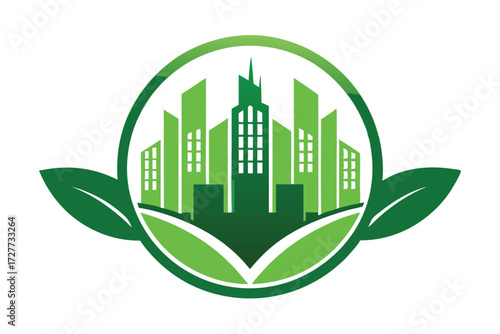 Green cityscape within a circle formed by leaves emphasizes growth and sustainable urban development