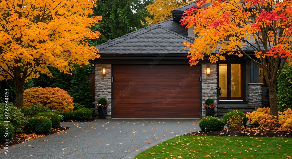 Fototapeta premium Garage door in luxury house with trees and nice landscape in Fall in Vancouver, Canada, North America. Day time on November 2024.