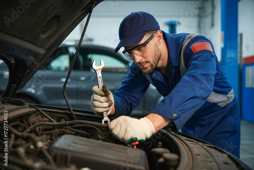 Mechanic wearing blue uniform and safety glasses working on a car engine with a wrench in hand