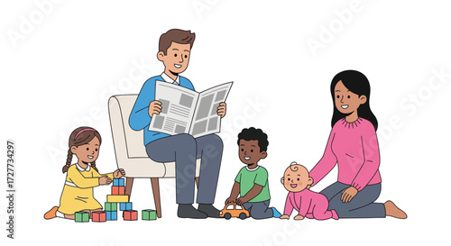 Diverse group of cartoon doctors in white coats with stethoscopes.