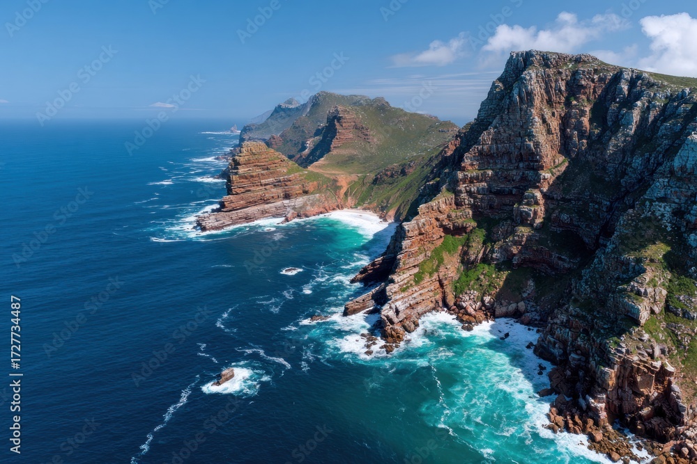 Fototapeta premium A breathtaking vista of rugged cliffs and a vibrant coastline, showcasing the powerful ocean waves crashing against the rocky shore.