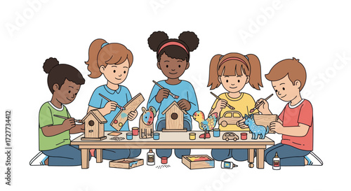 A diverse group of cartoon photographers with professional cameras lenses and studio lighting equipment.