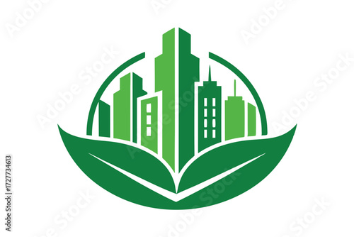 Green city buildings silhouette is contained within a pair of verdant leaves