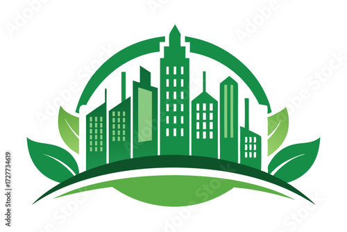 Green cityscape shows buildings, and leaves creating an ecofriendly environment on a white backdrop