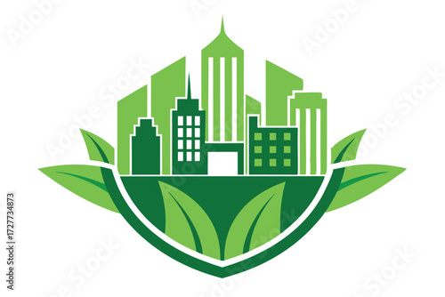 Green city skyline featuring modern buildings and leaves evokes sustainability and ecoconsciousness beautifully